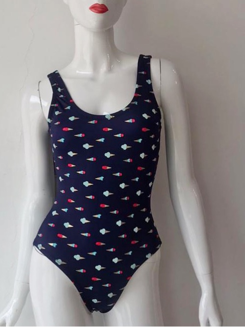 Women’s Classic Navy One-Piece Swimsuit with Ice Cream Print NWT MEDIUM